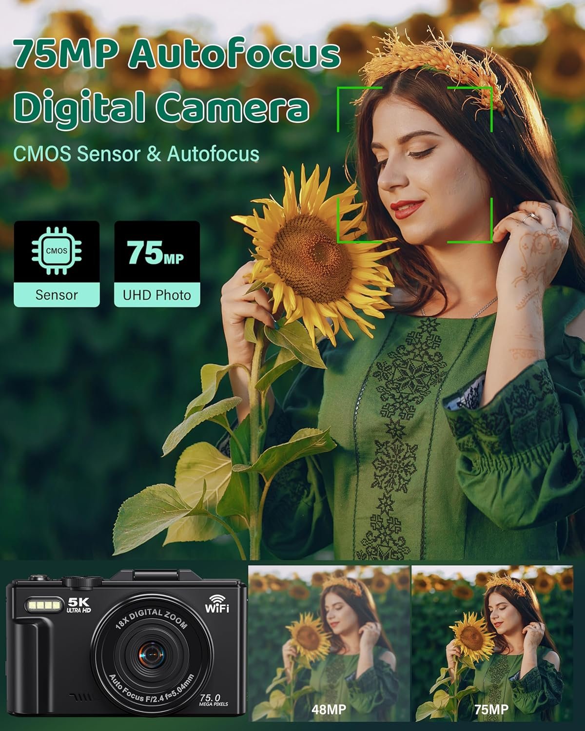 5K Digital Camera for Photography - WiFi 75MP Vlogging Cameras for YouTube - UHD Autofocus Video Camera 3" 180° Flip Screen with 18X Zoom - Compact Vlog Travel Camara with 32GB SD Card, 2 Batteries - Image 3