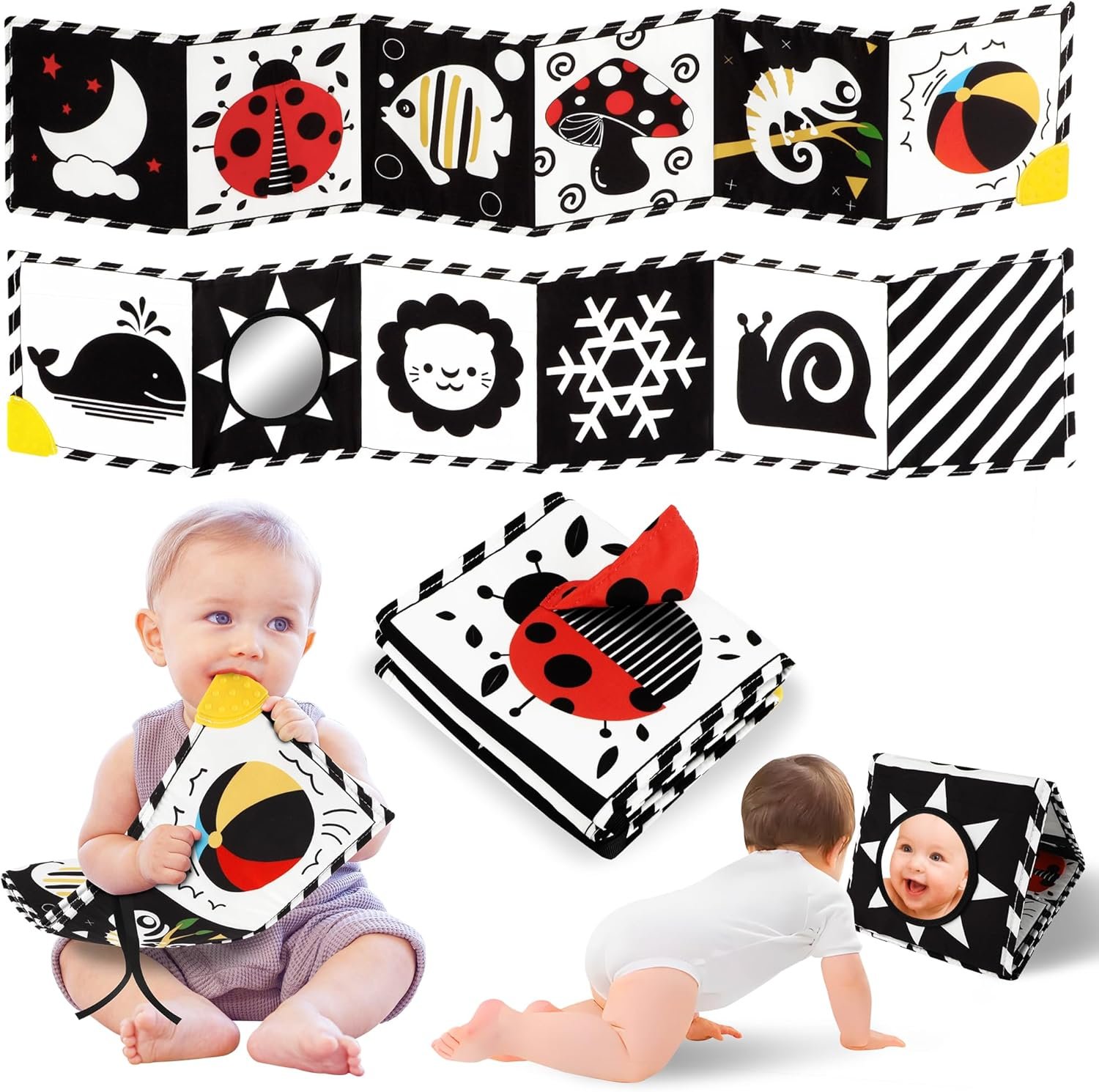 High Contrast Baby Book with Teether, Black and White Baby Book, 0-6-12 Months Soft Book for Newborn, Sensory Books, Montessori Learning Activities for Babies, Easter Basket Stuffer - Image 2