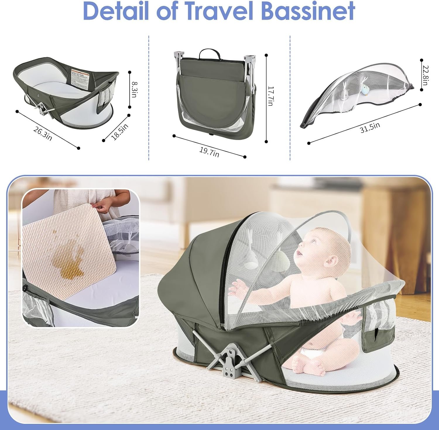 Portable Baby Bassinet Travel Baby Bed, Baby Cribs Travel Pod for Outdoors Baby Lounger Infant Travel Bed with Mosquito Net and Sunshade Canopy, Lightweight Washable Foldable - Image 7