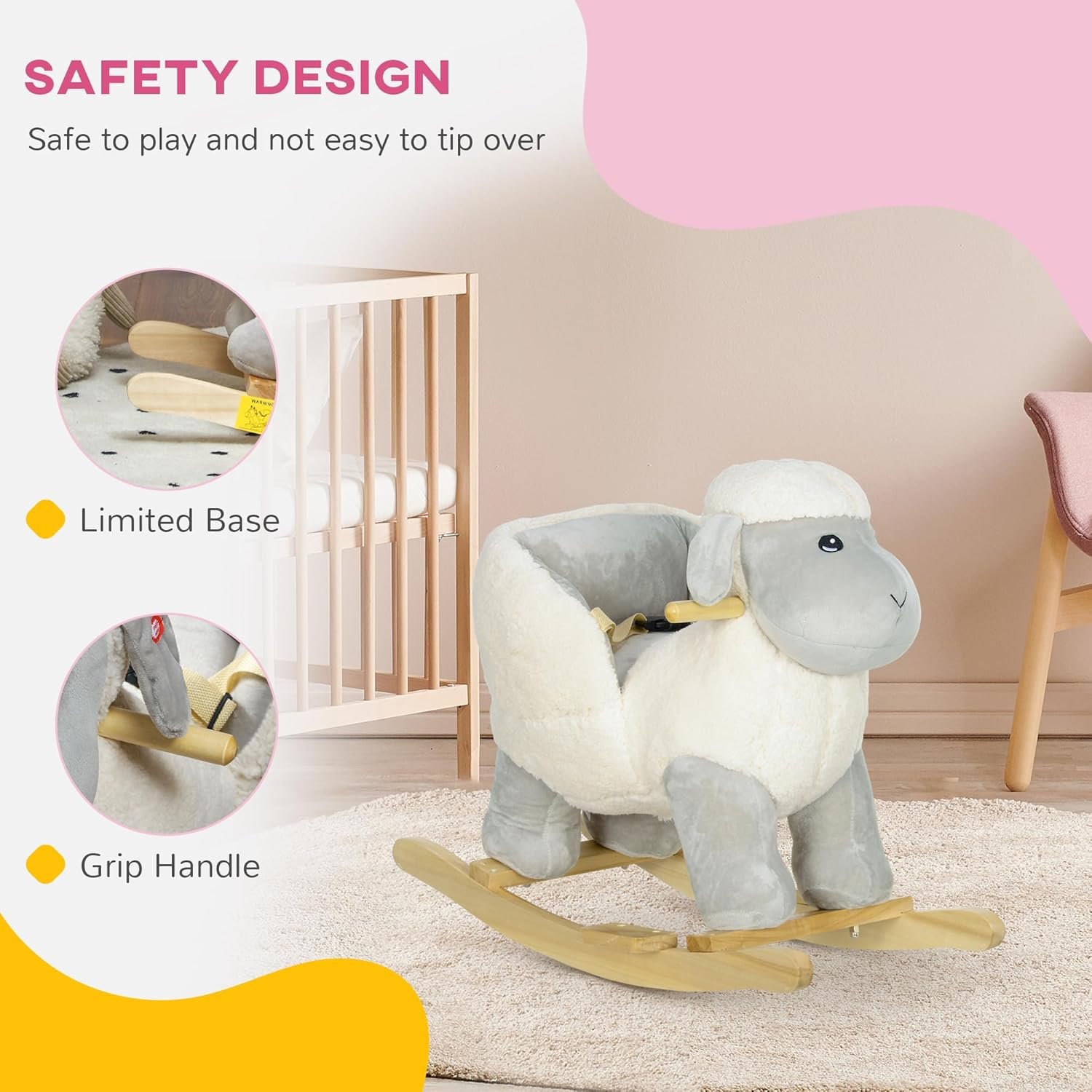 Qaba Baby Rocking Horse Sheep, Plush Lamb Rocker, Rocking Animal with Seat Belt, Sounds & Pedals for Kids 18-36 Months, Gray - Image 5