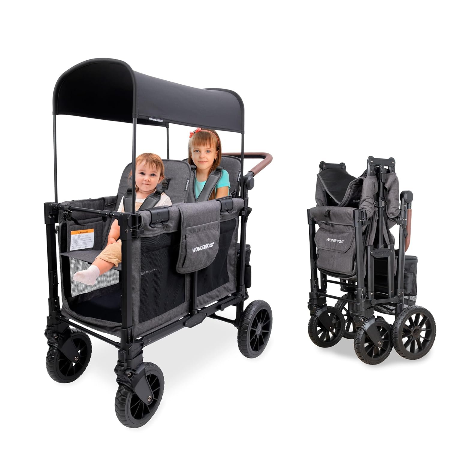 WONDERFOLD W2 Luxe Pro Stroller Wagon (2 Seater) - Collapsible Wagon Stroller with Seats Featuring 5-Point Safety Harnesses and Adjustable Sun Canopy, Charcoal Gray - Image 2