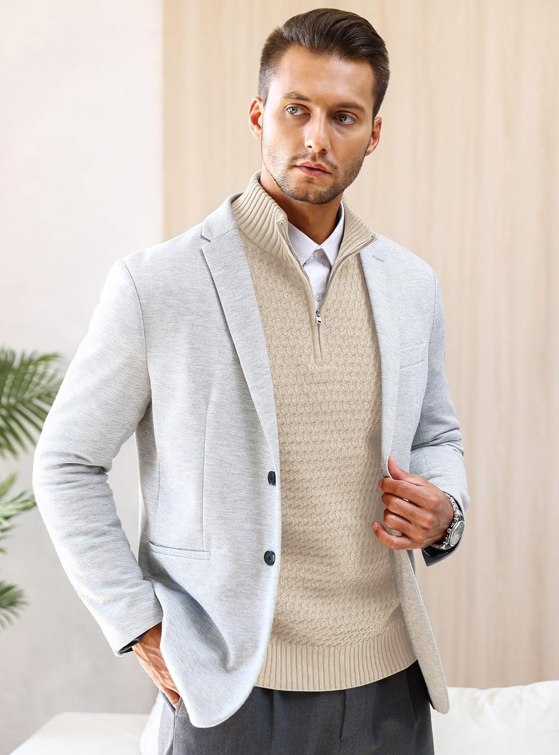 Men's Quarter Zip Pullover Sweater Slim Fit Business Casual Cable Knit Lightweight Long Sleeve - Image 3