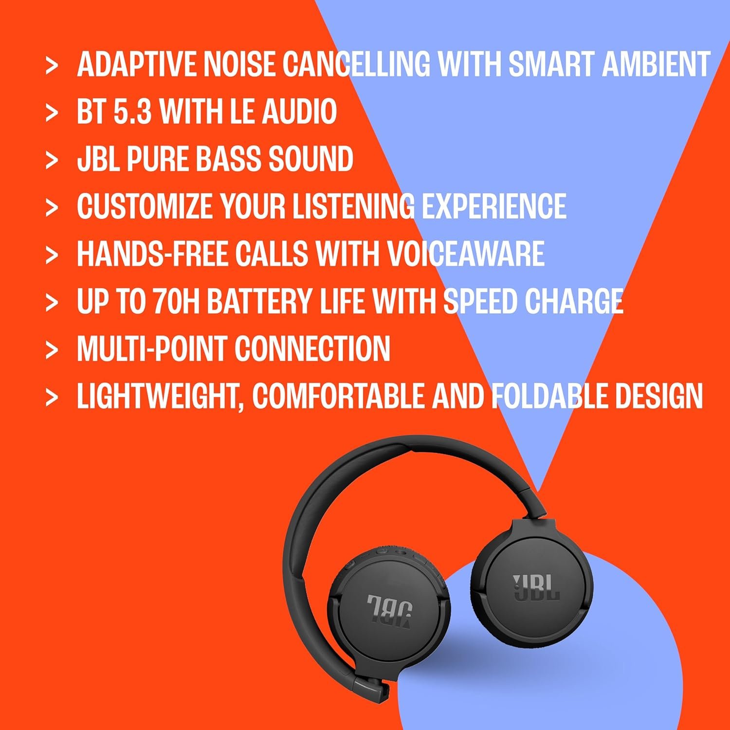 JBL Tune 670NC - Adaptive Noise Cancelling with Smart Ambient Wireless On-Ear Headphones, Up to 70H Battery Life with Speed Charge, Lightweight, Comfortable and Foldable Design (Black) - Image 6