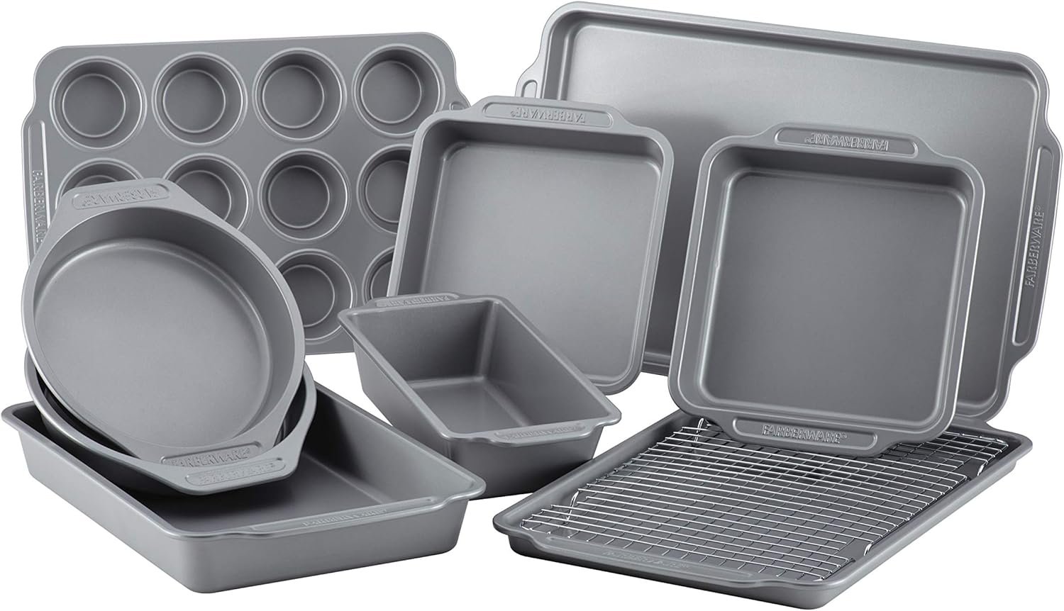 Farberware Nonstick Steel Bakeware Set with Cooling Rack, Baking Pan and Cookie Sheet Set with Nonstick Bread Pan and Cooling Grid, 10-Piece Set, Gray - Image 3