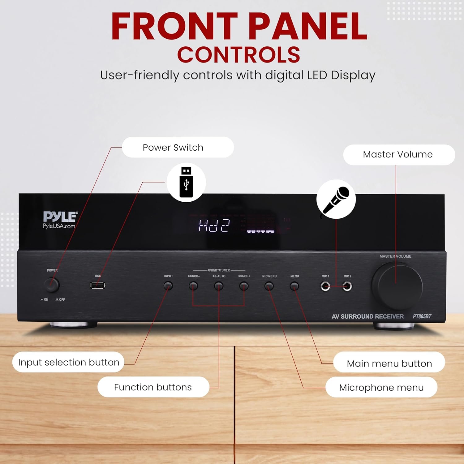 Pyle 5.2 Channel Hi-Fi Home Theater Receiver - 1000W MAX Wireless BT Surround Sound Stereo Amplifier System with 4k Ultra HD Support, MP3/USB/DAC, Ideal for Immersive Home Audio Experience - PT865BT - Image 3