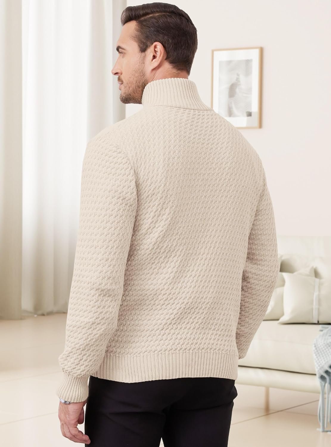 Men's Quarter Zip Pullover Sweater Slim Fit Business Casual Cable Knit Lightweight Long Sleeve - Image 7