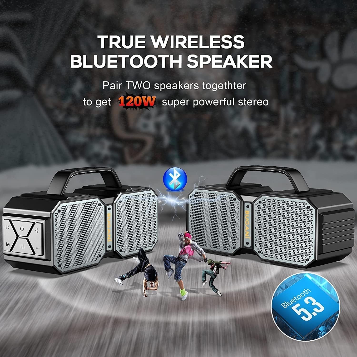BUGANI Shock Bluetooth Speaker, Portable Bluetooth 5.3, Waterproof, 60W Super Power, Outdoor Speaker, Black(New Model) - Image 3