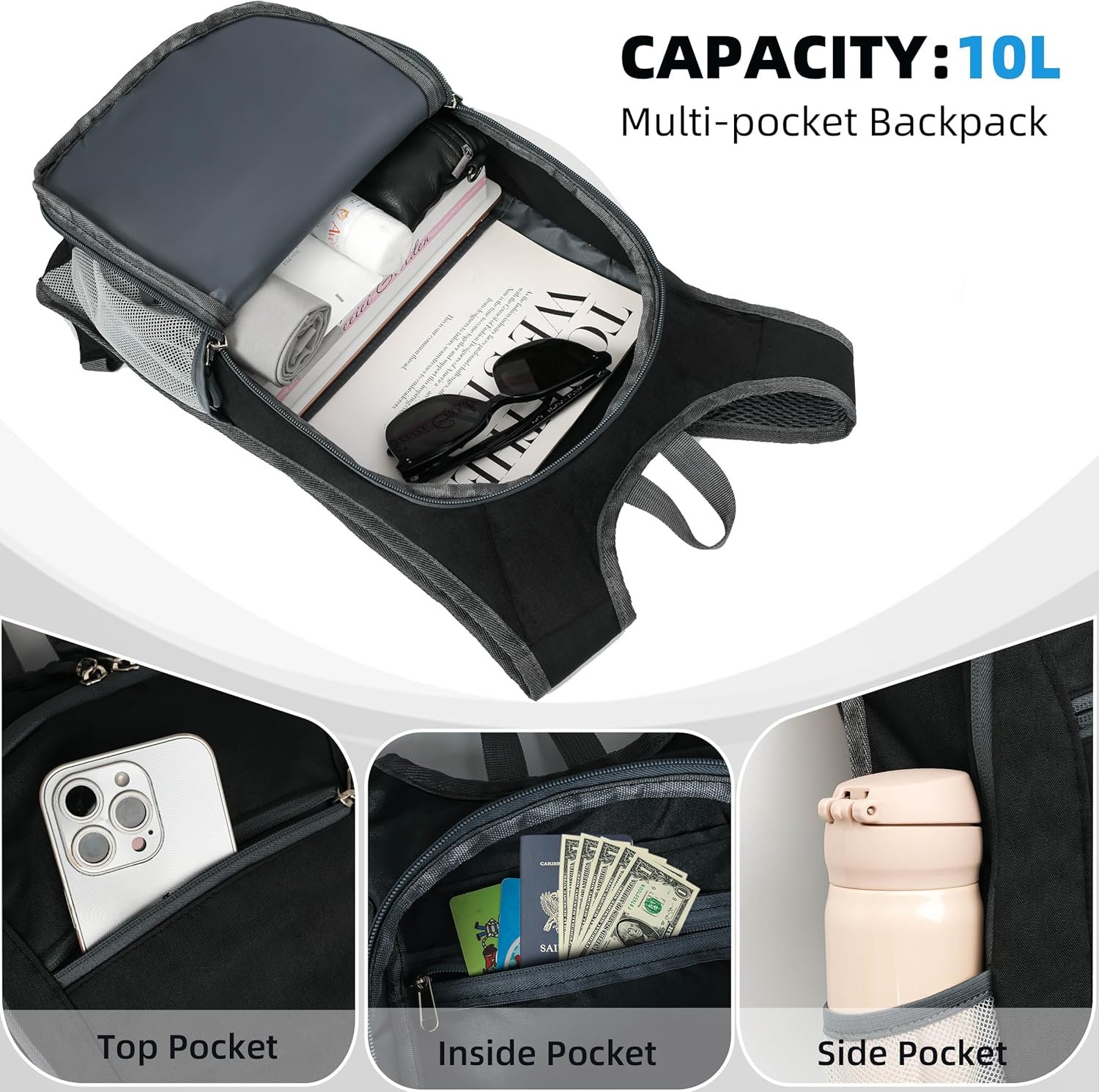 Small Travel Backpack - Lightweight & Foldable, 10L Capacity, Packable & Camping Hiking Daypack for Women & Men (Black) - Image 4