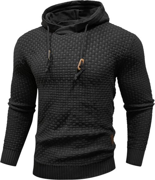 Zaitun Mens Hooded Sweatshirt Long Sleeve Solid Knitted Hoodie Pullover Sweater