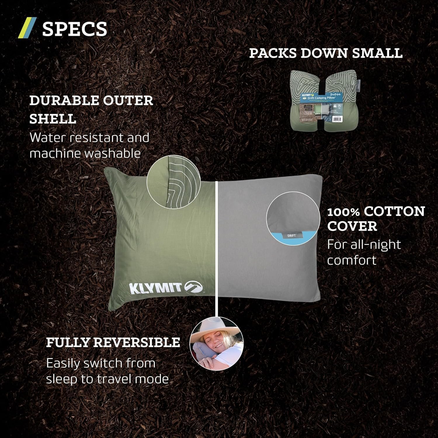 Klymit Drift Camping Pillow, Shredded Memory Foam Travel Pillow with Reversible Cover for Outdoor Use, Green, Regular - Image 3