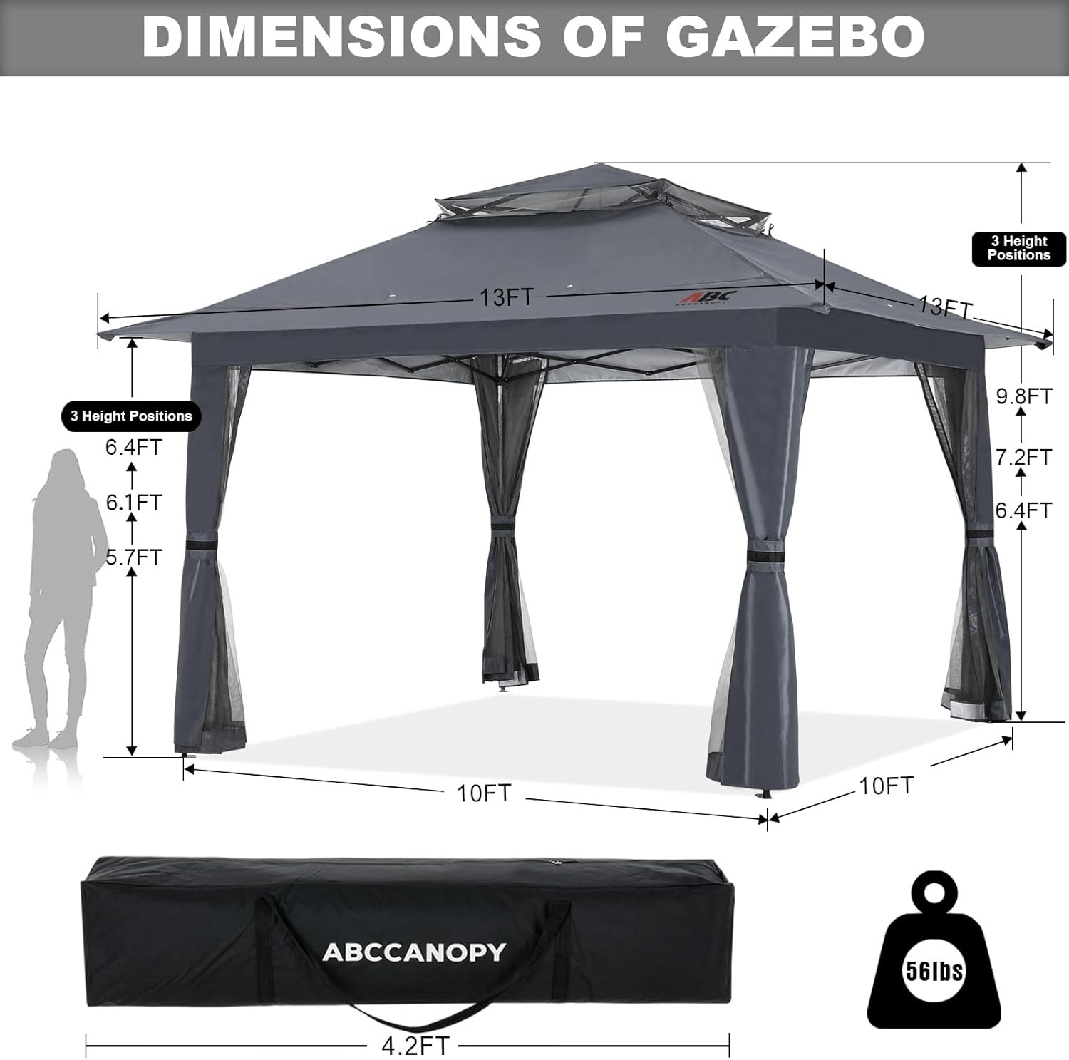 ABCCANOPY 13x13 Pop Up Gazebo, Outdoor Canopy Tent, Instant Screened Shelter with Mosquito Netting for Patio, Garden, Backyard, Party, Camping (Dark Gray) - Image 6