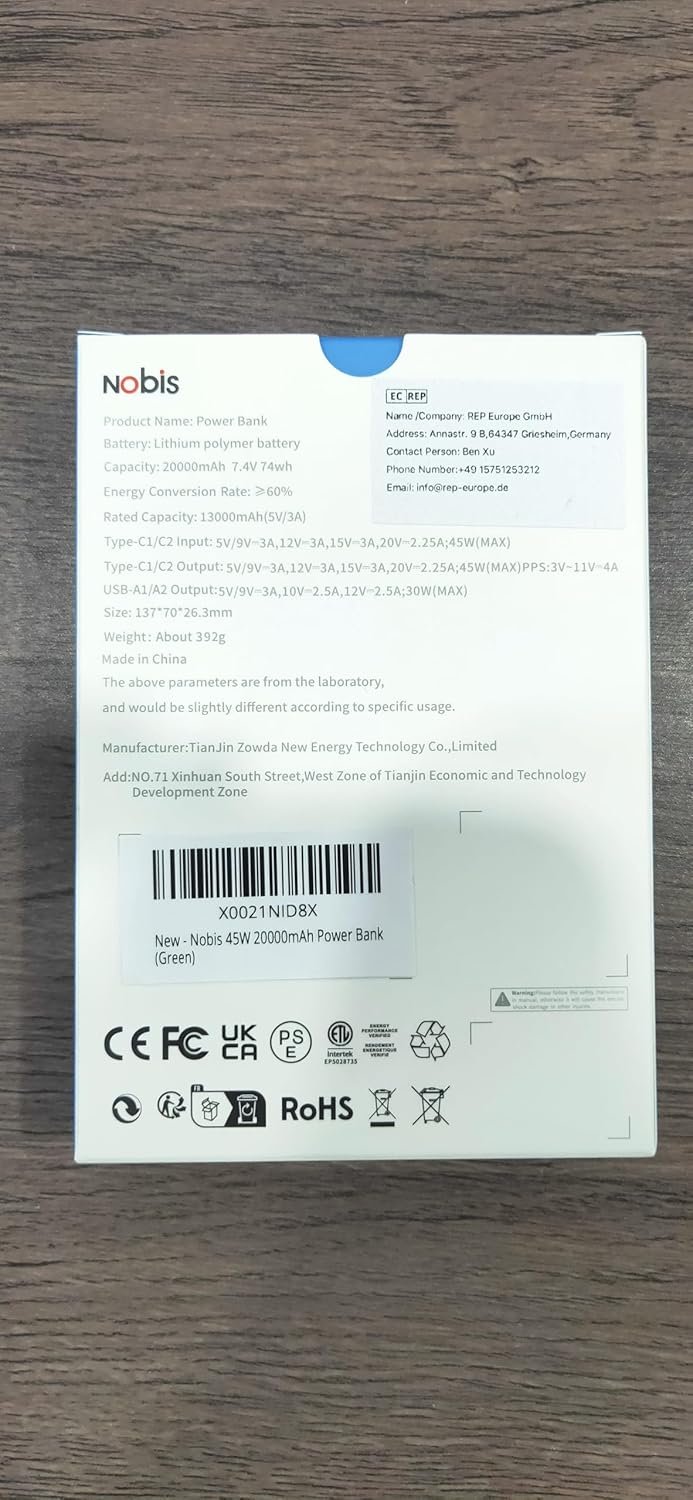 NOBIS Portable Charger, 20000mAh Power Bank, 45W Power Bank Fast Charging, Battery Pack with C to C Cable, Battery Bank with Digital Display for iPhone Android Laptop etc(Green) - Image 13