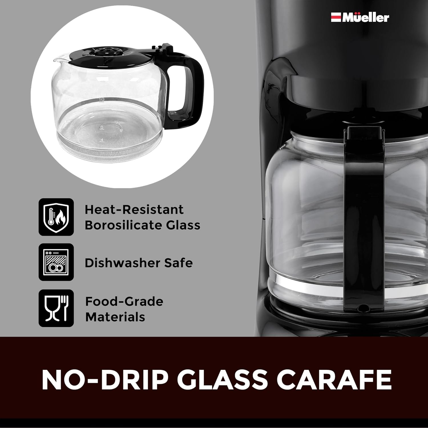 Mueller 12-Cup Drip Coffee Maker - Borosilicate Carafe, Auto-Off, Reusable Filter, Anti-Drip, Keep-Warm Function, Clear Water Level Window Coffee Machine, Kitchen Essentials & Accessories - Image 8