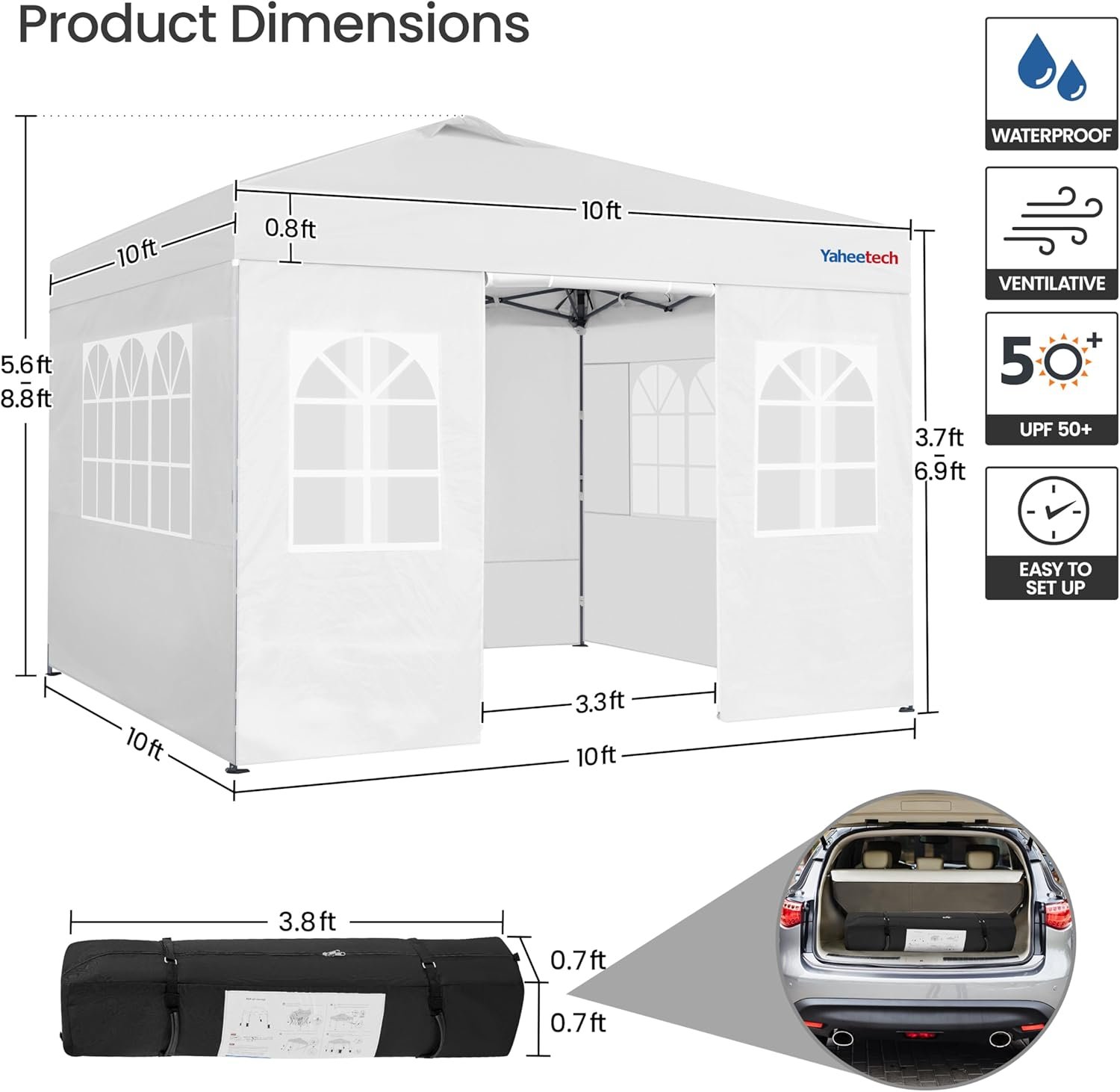 Yaheetech 10x10 FT Pop Up Canopy Tent with 4 Side Walls & One-Push Setup & Roller Bag, Outdoor Heavy-Duty Instant Event Tent for Garden/Wedding/Party, White - Image 5