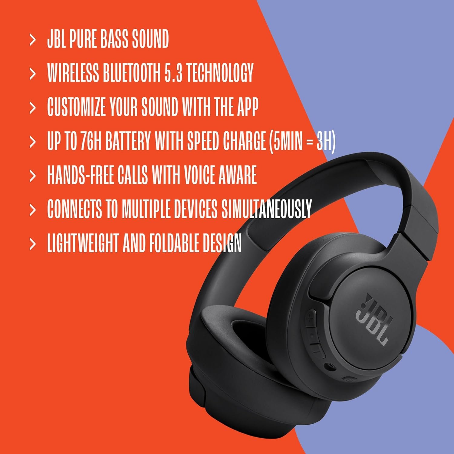 JBL Tune 720BT - Wireless Over-Ear Headphones with JBL Pure Bass Sound, Bluetooth 5.3, Up to 76H Battery Life and Speed Charge, Lightweight, Comfortable and Foldable Design (Black) - Image 8