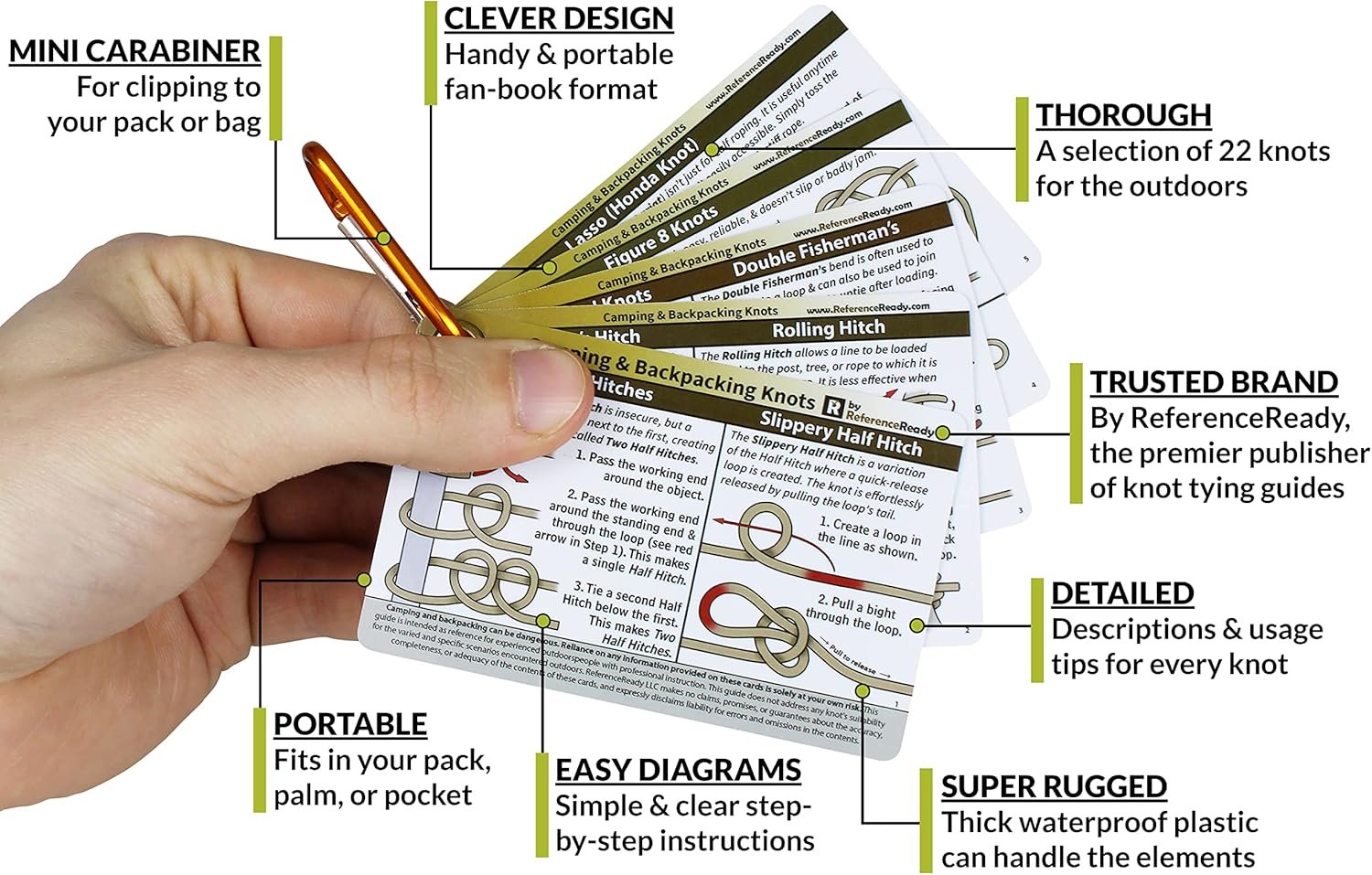 Outdoor Knots - Waterproof Knot Tying Cards with Mini Carabiner - Includes 22 Rope Knots for Camping, Backpacking, and Scouting Scenarios - Image 3